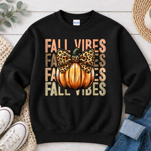 Load image into Gallery viewer, Fall Vibes Leopard Bow Pumpkin Fall design on Black crewneck sweatshirt