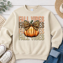 Load image into Gallery viewer, Fall Vibes Leopard Bow Pumpkin Fall design on Sand crewneck sweatshirt