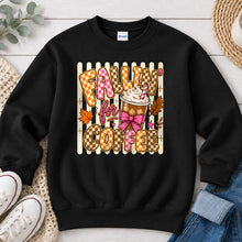 Load image into Gallery viewer, Fallin' For Coffee Checkered Fall design on Black crewneck sweatshirt