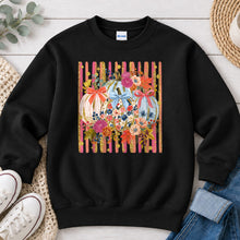 Load image into Gallery viewer, Floral Pumpkins With Bows Fall design on Black crewneck sweatshirt