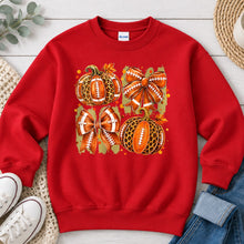 Load image into Gallery viewer, Football Pumpkins And Bows Fall design on Red crewneck sweatshirt