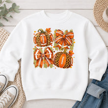 Load image into Gallery viewer, Football Pumpkins And Bows Fall design on White crewneck sweatshirt