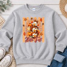 Load image into Gallery viewer, Hello Fall Goose Trio Acorns Fall design on Ash Grey crewneck sweatshirt