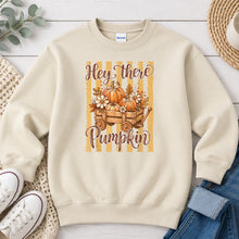 Load image into Gallery viewer, Hey There Pumpkin Script Wagon Fall design on Sand crewneck sweatshirt