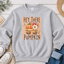 Load image into Gallery viewer, Hey There Pumpkin Vintage Wagon Fall design on Ash Grey crewneck sweatshirt