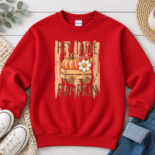 Load image into Gallery viewer, Hey There Pumpkin Vintage Wagon Fall design on Red crewneck sweatshirt