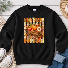 Load image into Gallery viewer, Hey There Pumpkin Wagon Fall design on Black crewneck sweatshirt