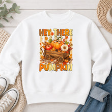 Load image into Gallery viewer, Hey There Pumpkin Wagon Fall design on White crewneck sweatshirt