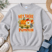 Load image into Gallery viewer, Hey There Pumpkin Yellow Wagon Fall design on Ash Grey crewneck sweatshirt