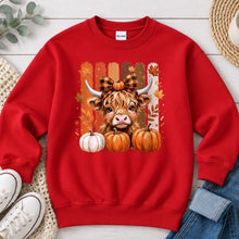 Load image into Gallery viewer, Highland Cow With Plaid Bow Fall design on Red crewneck sweatshirt