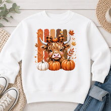 Load image into Gallery viewer, Highland Cow With Plaid Bow Fall design on White crewneck sweatshirt