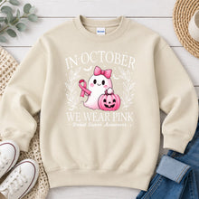 Load image into Gallery viewer, In October We Wear Pink Fall design on Sand crewneck sweatshirt