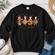 Load image into Gallery viewer, Just A Cozy Goose Fall design on Black crewneck sweatshirt