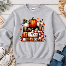 Load image into Gallery viewer, Just A Girl Who Loves Fall Fall design on Ash Grey crewneck sweatshirt