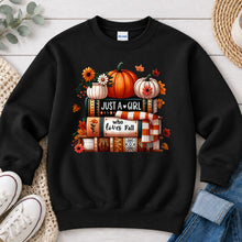 Load image into Gallery viewer, Just A Girl Who Loves Fall Fall design on Black crewneck sweatshirt
