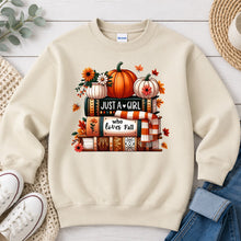 Load image into Gallery viewer, Just A Girl Who Loves Fall Fall design on Sand crewneck sweatshirt