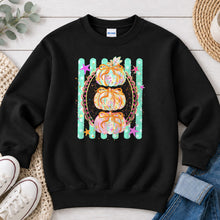 Load image into Gallery viewer, Pastel Pumpkins With Bows Fall design on Black crewneck sweatshirt