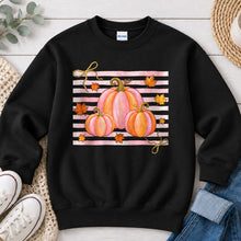 Load image into Gallery viewer, Pink Stripe Pumpkin Trio Fall design on Black crewneck sweatshirt