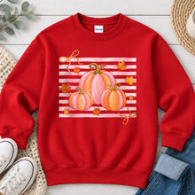 Load image into Gallery viewer, Pink Stripe Pumpkin Trio Fall design on Red crewneck sweatshirt
