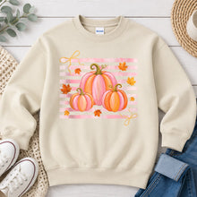 Load image into Gallery viewer, Pink Stripe Pumpkin Trio Fall design on Sand crewneck sweatshirt