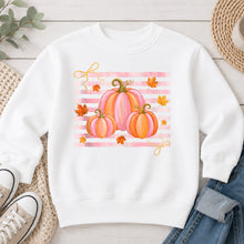 Load image into Gallery viewer, Pink Stripe Pumpkin Trio Fall design on White crewneck sweatshirt