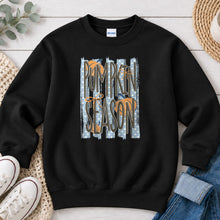Load image into Gallery viewer, Pumpkin Season Blue Polka Dot Fall design on Black crewneck sweatshirt