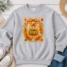 Load image into Gallery viewer, Stacked Gingham Pumpkins Fall design on Ash Grey crewneck sweatshirt