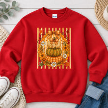 Load image into Gallery viewer, Stacked Gingham Pumpkins Fall design on Red crewneck sweatshirt