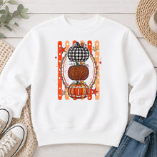 Load image into Gallery viewer, Stacked Pattern Pumpkins Oval Fall design on White crewneck sweatshirt