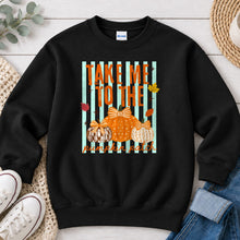 Load image into Gallery viewer, Take Me To The Pumpkin Patch Bow Fall design on Black crewneck sweatshirt