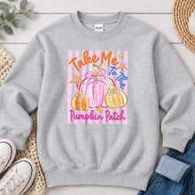 Load image into Gallery viewer, Take Me To The Pumpkin Patch Pink Fall design on Ash Grey crewneck sweatshirt