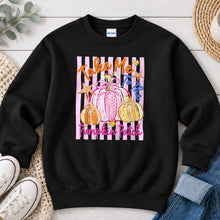Load image into Gallery viewer, Take Me To The Pumpkin Patch Pink Fall design on Black crewneck sweatshirt
