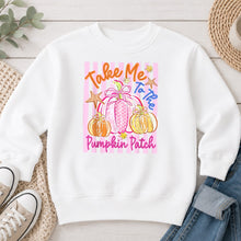 Load image into Gallery viewer, Take Me To The Pumpkin Patch Pink Fall design on White crewneck sweatshirt