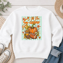 Load image into Gallery viewer, Tis The Season Pumpkin Football Coffee Fall design on White crewneck sweatshirt