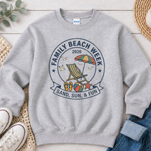 Load image into Gallery viewer, Family Beach Week 2026 Summer design on Ash Grey crewneck sweatshirt