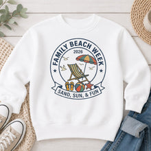 Load image into Gallery viewer, Family Beach Week 2026 Summer design on White crewneck sweatshirt