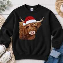 Load image into Gallery viewer, Faux Yarn Highland Cow Christmas design on Black crewneck sweatshirt