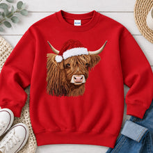 Load image into Gallery viewer, Faux Yarn Highland Cow Christmas design on Red crewneck sweatshirt