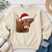 Load image into Gallery viewer, Faux Yarn Highland Cow Christmas design on Sand crewneck sweatshirt
