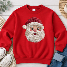 Load image into Gallery viewer, Faux Yarn Santa Face Christmas design on Red crewneck sweatshirt