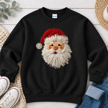Load image into Gallery viewer, Faux Yarn Santa White Beard Christmas design on Black crewneck sweatshirt