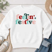 Load image into Gallery viewer, Feelin' Festive Christmas design on White crewneck sweatshirt