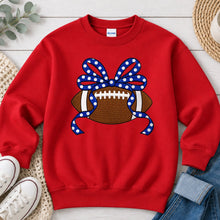 Load image into Gallery viewer, Football Blue Polka Dot Bow Sports design on Red crewneck sweatshirt