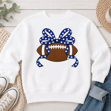 Load image into Gallery viewer, Football Blue Polka Dot Bow Sports design on White crewneck sweatshirt