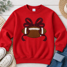 Load image into Gallery viewer, Football Maroon Bow Sports design on Red crewneck sweatshirt
