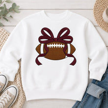 Load image into Gallery viewer, Football Maroon Bow Sports design on White crewneck sweatshirt