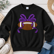 Load image into Gallery viewer, Football Purple Bow Sports design on Black crewneck sweatshirt