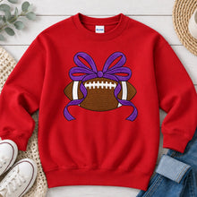 Load image into Gallery viewer, Football Purple Bow Sports design on Red crewneck sweatshirt