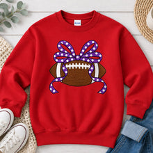 Load image into Gallery viewer, Football Purple Polka Dot Bow Sports design on Red crewneck sweatshirt