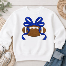 Load image into Gallery viewer, Football Royal Blue Bow Sports design on White crewneck sweatshirt